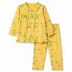 Babyhug Cotton Knit Full Sleeves Front Open Shirt & Pyjama Night Suit with Floral Print - Yellow
