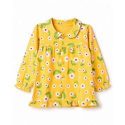 Babyhug Cotton Knit Full Sleeves Front Open Shirt & Pyjama Night Suit with Floral Print - Yellow