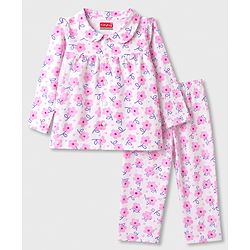 Babyhug Cotton Knit Full Sleeves Front Open Co-Ords Top & Pajama Night Suit Floral Print - White & Pink