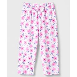 Babyhug Cotton Knit Full Sleeves Front Open Co-Ords Top & Pajama Night Suit Floral Print - White & Pink