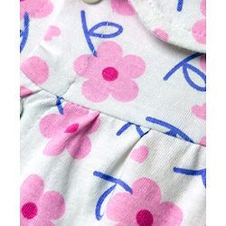 Babyhug Cotton Knit Full Sleeves Front Open Co-Ords Top & Pajama Night Suit Floral Print - White & Pink