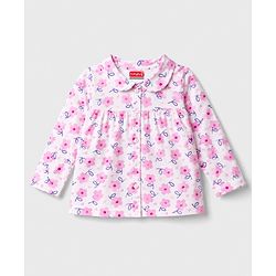 Babyhug Cotton Knit Full Sleeves Front Open Co-Ords Top & Pajama Night Suit Floral Print - White & Pink