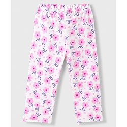 Babyhug Cotton Knit Full Sleeves Front Open Co-Ords Top & Pajama Night Suit Floral Print - White & Pink