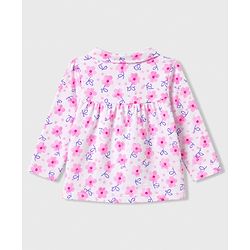 Babyhug Cotton Knit Full Sleeves Front Open Co-Ords Top & Pajama Night Suit Floral Print - White & Pink