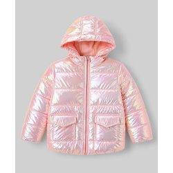 Babyhug Woven Full Sleeves Solid Metallic Colour Hooded Padded Jacket - Pink