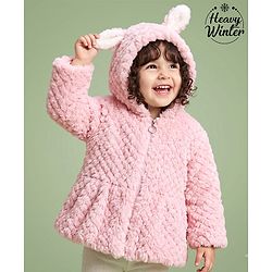 Babyhug Fur Woven Hooded Full Sleeves Hoodie With Ear Applique - Pink