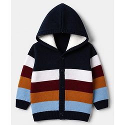 Babyhug Knit Front Open Sweater with Full Sleeves and Stripes Print in Navy Blue