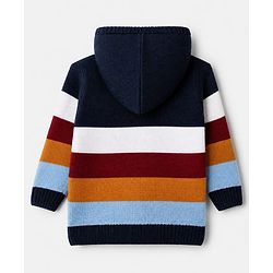 Babyhug Knit Front Open Sweater with Full Sleeves and Stripes Print in Navy Blue