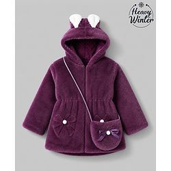Babyhug Fur Woven Hooded Full Sleeves Hoodie With Bow & Ear Applique - Burgandy
