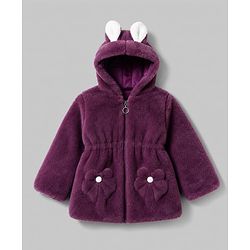 Babyhug Fur Woven Hooded Full Sleeves Hoodie With Bow & Ear Applique - Burgandy