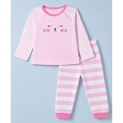 Babyhug 100% Cotton Knit Full Sleeves Striped T-Shirt & Pyjama Night Suit with Cat Print - Pink