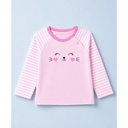 Babyhug 100% Cotton Knit Full Sleeves Striped T-Shirt & Pyjama Night Suit with Cat Print - Pink