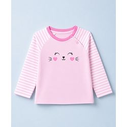 Babyhug 100% Cotton Knit Full Sleeves Striped T-Shirt & Pyjama Night Suit with Cat Print - Pink