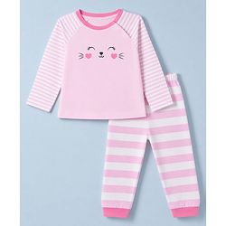 Babyhug 100% Cotton Knit Full Sleeves Striped T-Shirt & Pyjama Night Suit with Cat Print - Pink