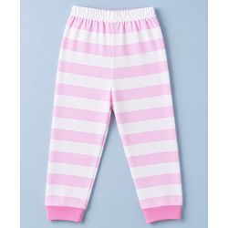 Babyhug 100% Cotton Knit Full Sleeves Striped T-Shirt & Pyjama Night Suit with Cat Print - Pink