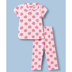 Babyhug 100% Cotton Knit Half Sleeves Strawberry Printed Co-Ords Shirt & Pyjama Night Suit - Pink