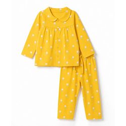 Babyhug Cotton Knit Full Sleeves Front Open Shirt & Pyjama Night Suit with Floral Print - Yellow