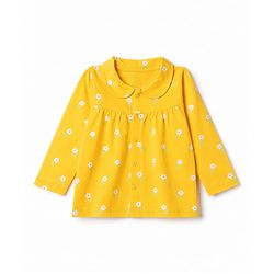Babyhug Cotton Knit Full Sleeves Front Open Shirt & Pyjama Night Suit with Floral Print - Yellow