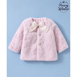 Babyhug Fur Woven Jacket with Full Sleeves and Floral Pattern With Bow Applique - Light Pink