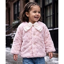 Babyhug Fur Woven Jacket with Full Sleeves and Floral Pattern With Bow Applique - Light Pink