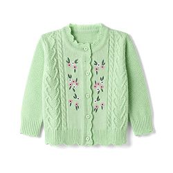 Babyhug Knit Full Sleeves Front Open Sweaters With Cable Design & Floral Embroidery - Mint