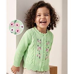 Babyhug Knit Full Sleeves Front Open Sweaters With Cable Design & Floral Embroidery - Mint