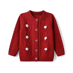 Babyhug Knit Front Open Sweaters with Full Sleeves and Floral Embroidery in Red for 6-9 Months
