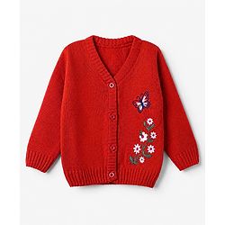 Babyhug Knit Front Open Sweater with Full Sleeves and Flower Embroidery - Rust