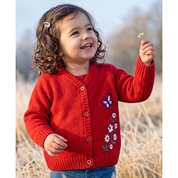 Babyhug Knit Front Open Sweater with Full Sleeves and Flower Embroidery - Rust