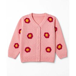 Babyhug Knit Front Open Sweater with Full Sleeves and Flower Embroidery - Rust