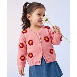 Babyhug Knit Front Open Sweater with Full Sleeves and Flower Embroidery - Rust