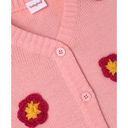 Babyhug Knit Front Open Sweater with Full Sleeves and Flower Embroidery - Rust
