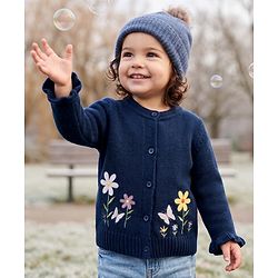 Babyhug Knit Full Sleeves Front Open Sweaters with Floral Design - Navy Blue