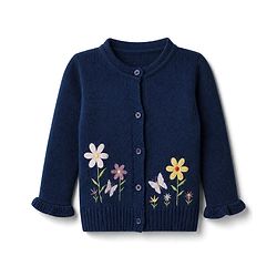 Babyhug Knit Full Sleeves Front Open Sweaters with Floral Design - Navy Blue