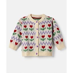 Babyhug Knit Full Sleeves Front Open Sweaters With Floral Design - White