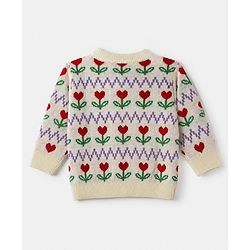 Babyhug Knit Full Sleeves Front Open Sweaters With Floral Design - White