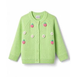 Babyhug Knit Full Raglan Sleeves Front Open Sweater with Floral Applique - Limegreen