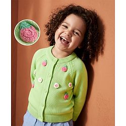 Babyhug Knit Full Raglan Sleeves Front Open Sweater with Floral Applique - Limegreen