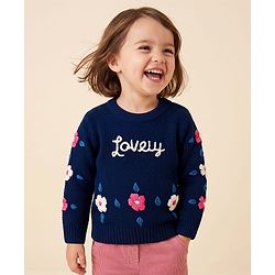 Babyhug Knit Full Sleeves Pullovers With Text & Floral Embroidery - Navy Blue