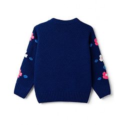 Babyhug Knit Full Sleeves Pullovers With Text & Floral Embroidery - Navy Blue