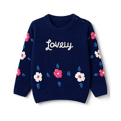 Babyhug Knit Full Sleeves Pullovers With Text & Floral Embroidery - Navy Blue