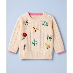 Babyhug Knit r Full Sleeves Pullover With Flower Embroidery & Cable Knit Design - White