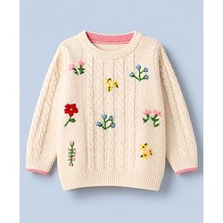 Babyhug Knit r Full Sleeves Pullover With Flower Embroidery & Cable Knit Design - White
