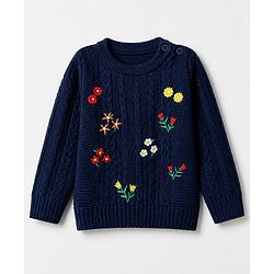 Babyhug Knit Full Sleeves Pullover with Floral Embroidery & Cable Knit Design - Navy Blue