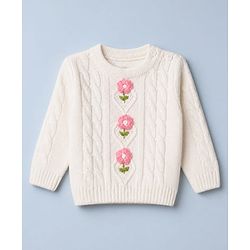 Babyhug Full Sleeves Pullovers With Cable Knit & Floral Design - White