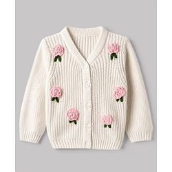 Babyhug Knit Full Sleeves Front Open Sweater with Rose Applique - White