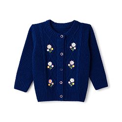 Babyhug Knit Full Sleeves Front Open Sweaters With Cable Design & Floral Embroidery  - Navy Blue