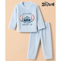 Babyhug Disney 100% Cotton Fleece Knit Full Sleeves Winter Wear Suit With Stitch Graphic - Light Blue