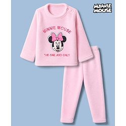 Babyhug Disney Fleece 100% Cotton Knit Full Sleeves Winter Wear Suit With Minnie Mouse Graphic - Light Pink