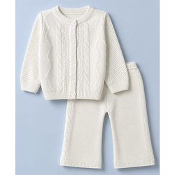 Babyhug Knit Front Open Full Sleeves Sweater and Pant Set with Cable Knit Off White